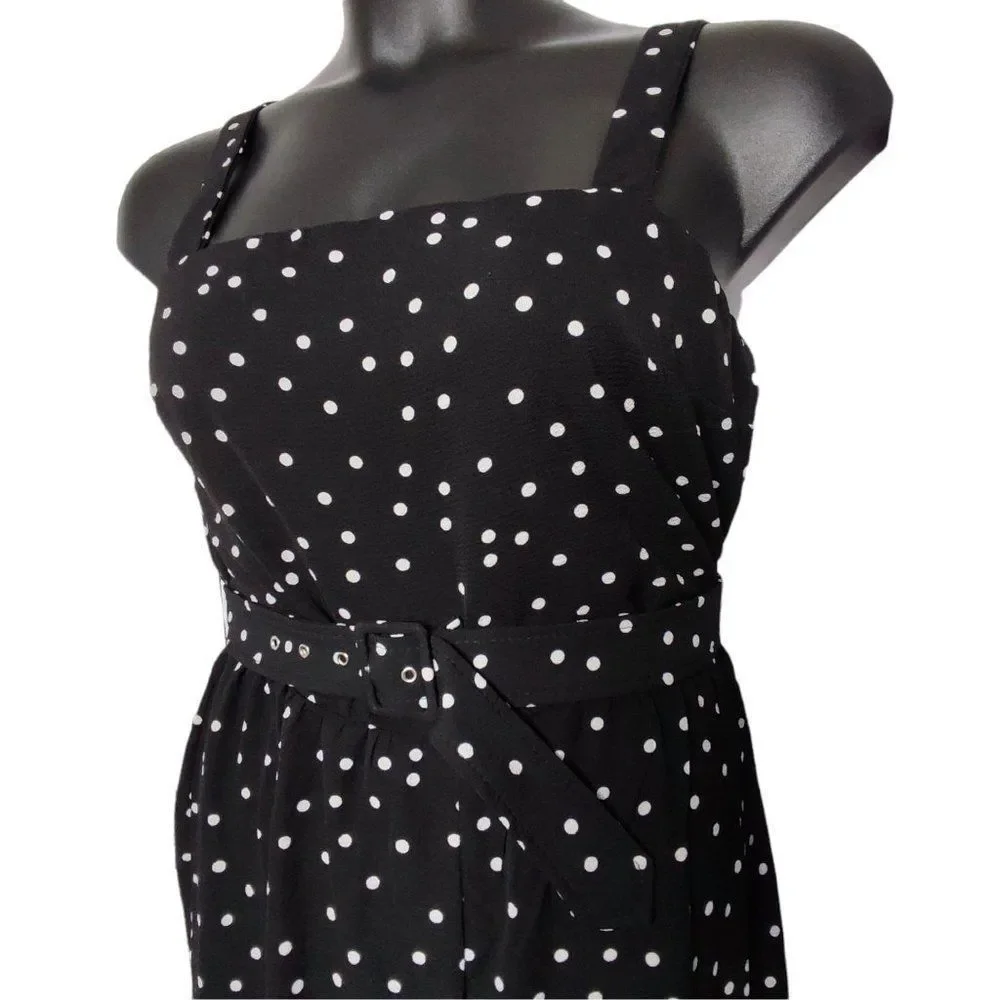 Trixxi Polka Dot Sleeveless Adjustable Straps Belted Jumpsuit Black White XL - Picture 2 of 10